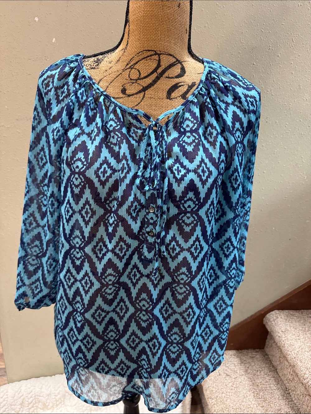 Blue Geometric Peasant Blouse - Women Tops